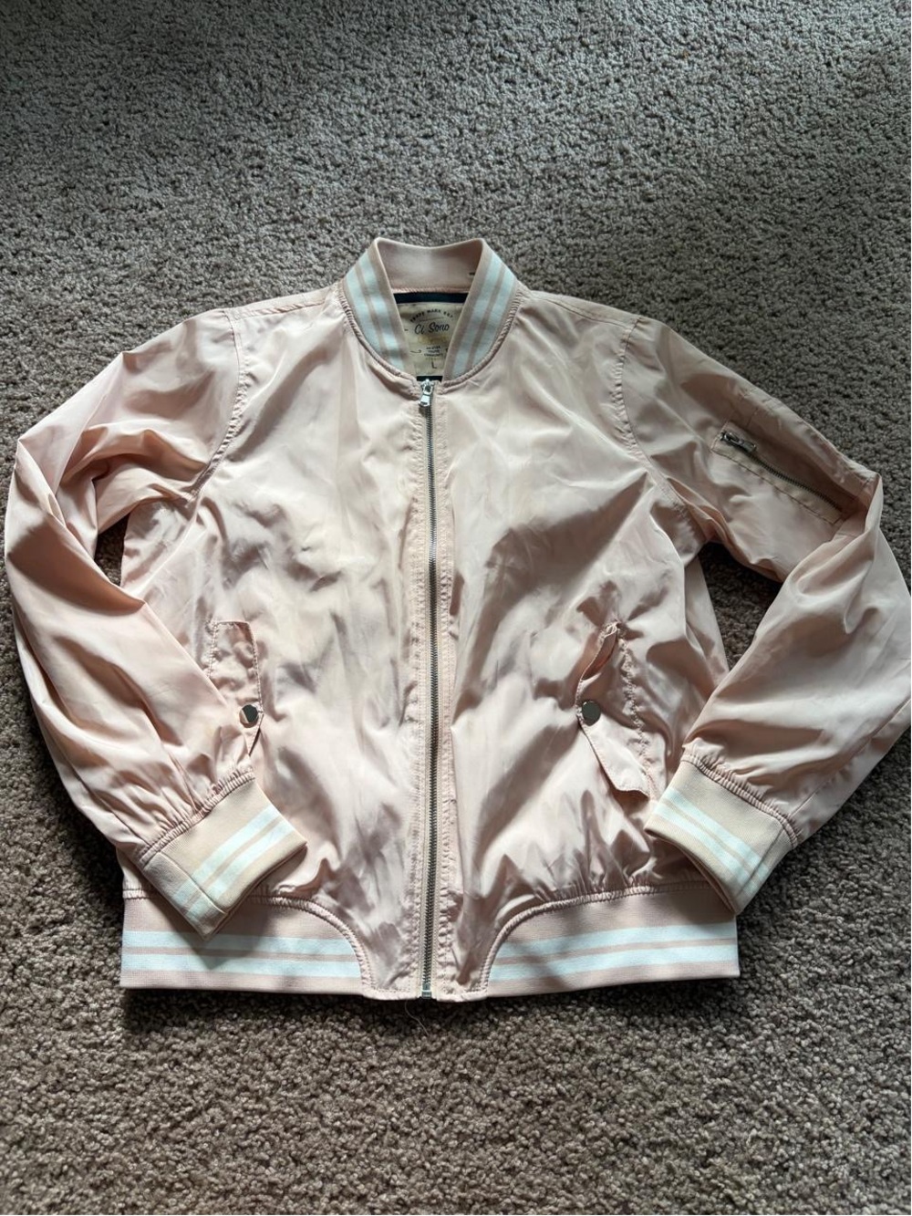 Ci Sono Pale Pink Bomber Jacket with Striped Trim